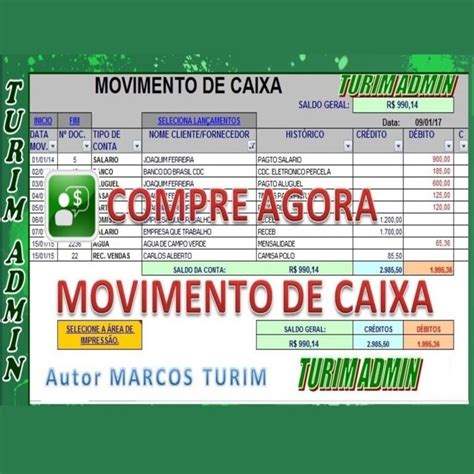 Planilha De Controle De Movimento De Caixa R 5000 Turim Admin