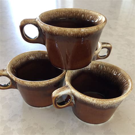 Vintage Set Of Brown Drip Hull Mugs Glazed Coffee Cups O Finger