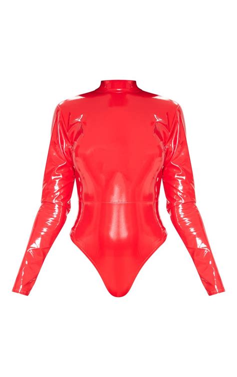 Red Vinyl High Neck Bodysuit Bodysuit Tops High Neck Bodysuit Bodysuit