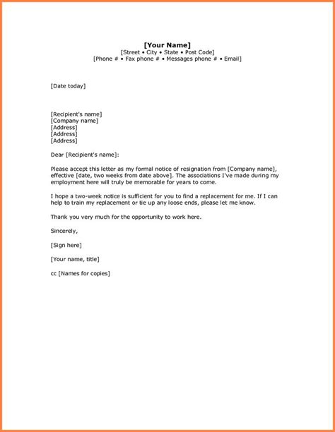 simple resignation letter sample  week notice notice