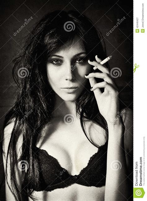 Pretty Young Woman Smoking Cigarette Film Grain Effect