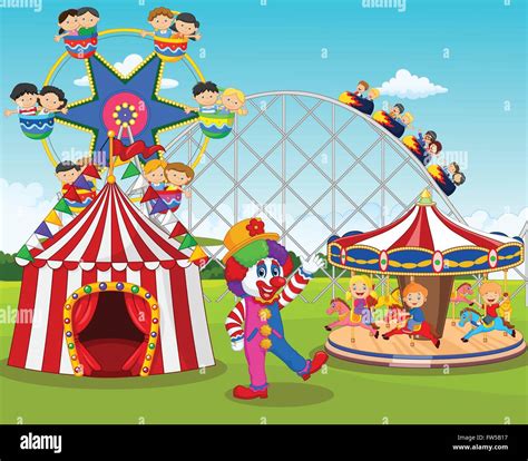 Cartoon Happy Children And Clown In The Amusement Park Stock Vector