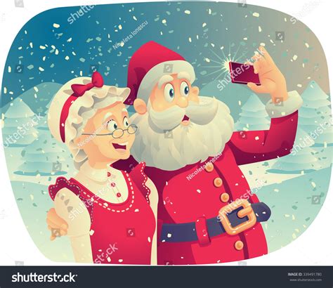 santa claus and mrs claus taking a photo together vector cartoon of santa claus and his wife