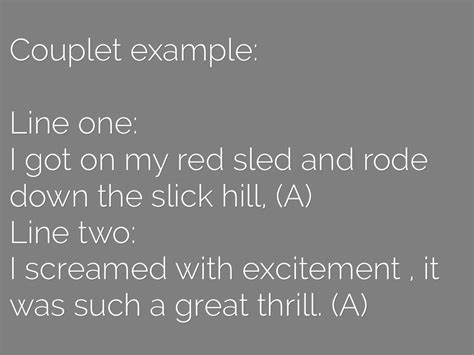 Examples of poems with octosyllabic couplet (jonsonian influence) posted on september 15, 2014 by linescatcher ben jonson was the very first english poets who took to seriously adopting octosyllabic (consisting of eight syllables) couplet in his poetry, thereby popularizing and neutralizing the form for the english tongue. Types Of Poetry by Kim Mooney