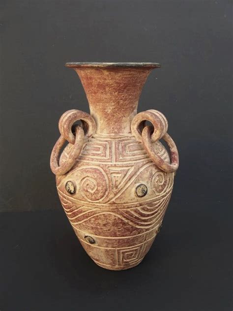 Carved Art Clay Pottery Vase Pitcher Three Handles By Lotusatnight