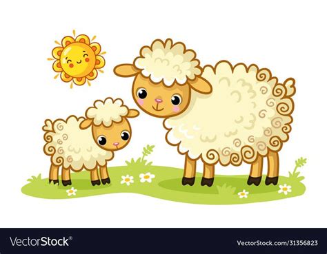 A Sheep And A Lamb Stand In A Green Sunny Meadow Vector Image On
