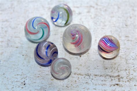 6 Antique Hand Made Glass Marbles Latticinio And Ribbons
