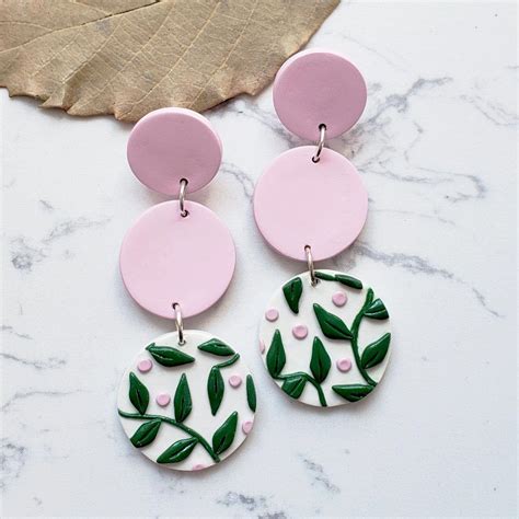 Ceramic Statement Leaf Earrings Triple Stacked Stud Earrings Pink Green