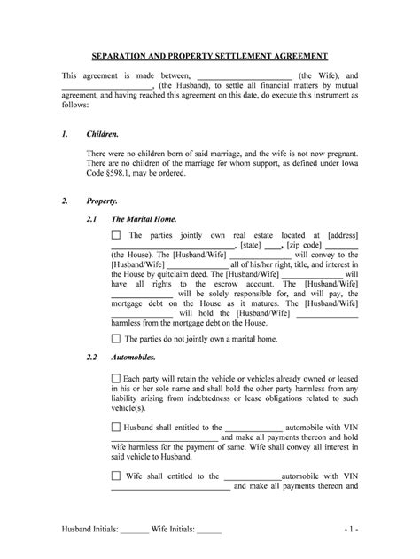 Sample Property Settlement Agreementmarriage Com Form Fill Out And