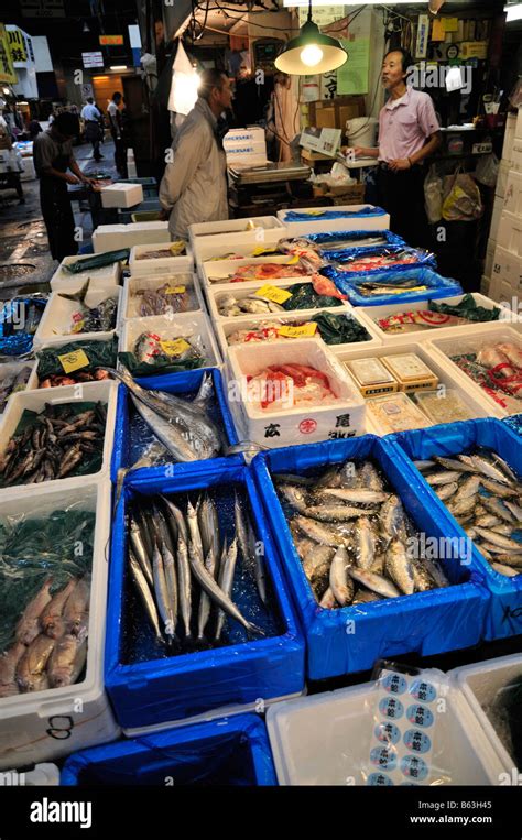 Fresh Seafood And Fish Stall At The Tsukiji Fish Market Tokyo Japan 3