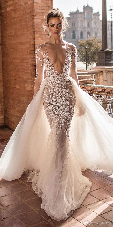 2019 berta mermaid wedding dresses with detachable train lace applique deep v neck beach wedding