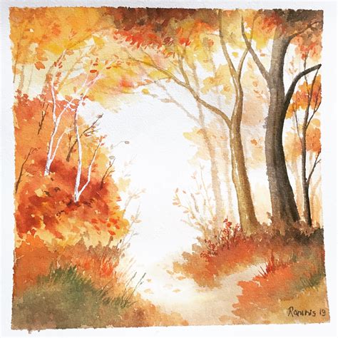 Original Watercolor Painting Autumn Forest Autumnal Scenery Etsy In Autumn Painting