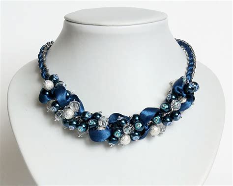 Navy Blue Pearl Cluster Necklace And Earrings Set Cissy Pixie