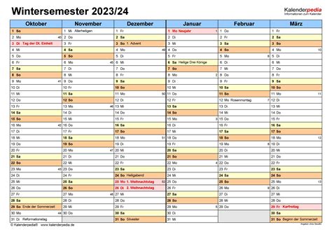 Semesterkalender 202324 Für Excel Zum Ausdrucken