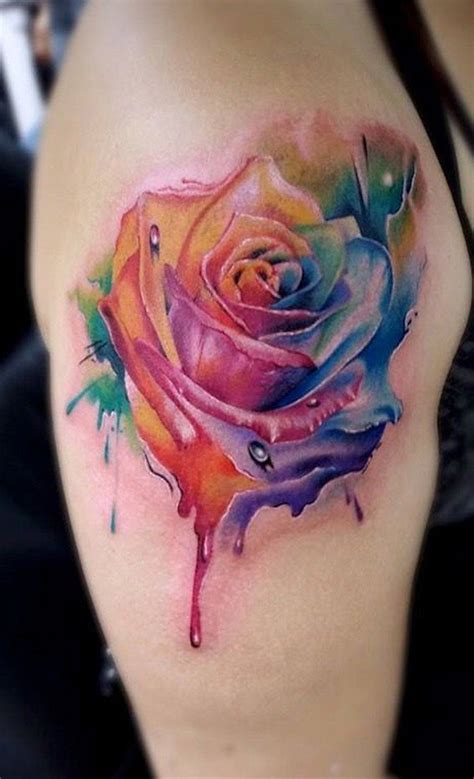 Watercolor Rainbow Floral Rose Tattoo Ideas