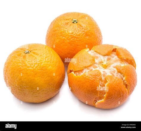 Three Whole Clementines One Peeled Isolated On White Background Stock