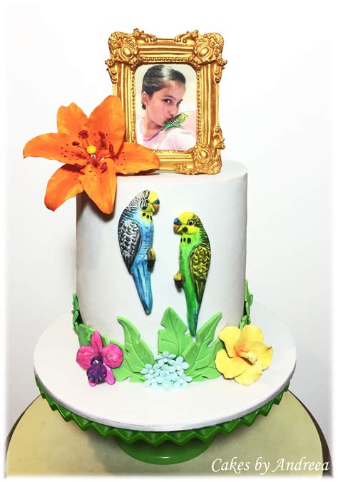 Budgie Or Birds Birthday Cake With Personalized Gum Paste Photo Frame