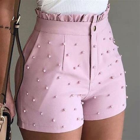 Cute Soild Color Shorts High Waist Zipper Bead Decoration Shorts