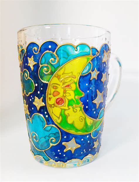 Star Mug With Sun And Moon Hand Painted Glass Mug Coffee Lover Etsy