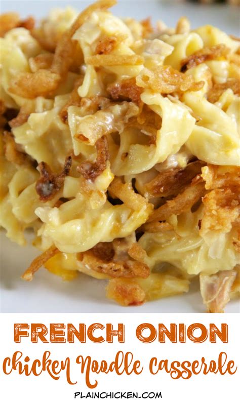 I never seem to get tired of casserole recipes. French Onion Chicken Noodle Casserole | Plain Chicken®