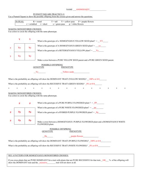 Use a punnett square to prove your answer. Monohybrid Crosses Practice Worksheet Answer Key ...