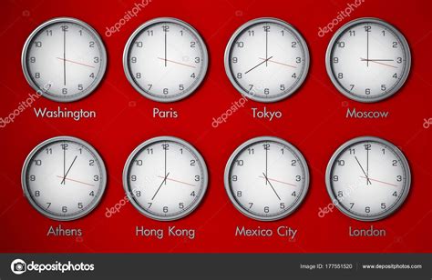 Modern wall clocks showing different time zones of world cities. 3D ...