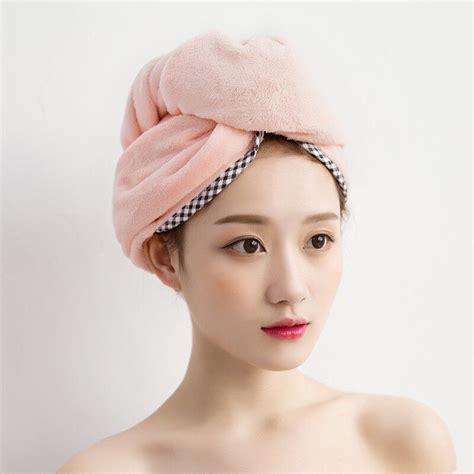 cute women solid color bathroom super absorbent quick drying microfiber bath towel hair dry cap
