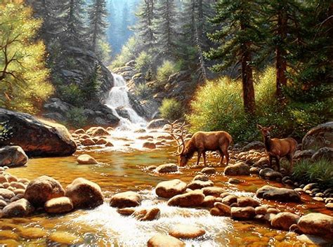 Deers In Stream Animal Deer Drinking Forest Mountains Painting