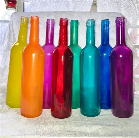 Colored Glass Bottles 8 Bottle Set Tinted Wine Bottles Bottle Tree Bottles Bottle Wall Bottles