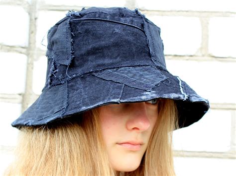 Custom Ripped Jeans Bucket Hat Patchwork Denim Hat Distressed Denim