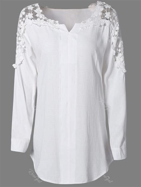 Off Plus Size Lace Trim Curved Hem Blouse Rosegal