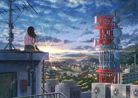 アニメの女の子、 座る、 風光明媚な建物、 日没、 背面図、 雲、 アニメ、 Hdデスクトップの壁紙 Wallpaperbetter