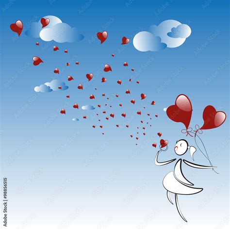 Girl Blowing Hearts Baloons Vector De Stock Adobe Stock