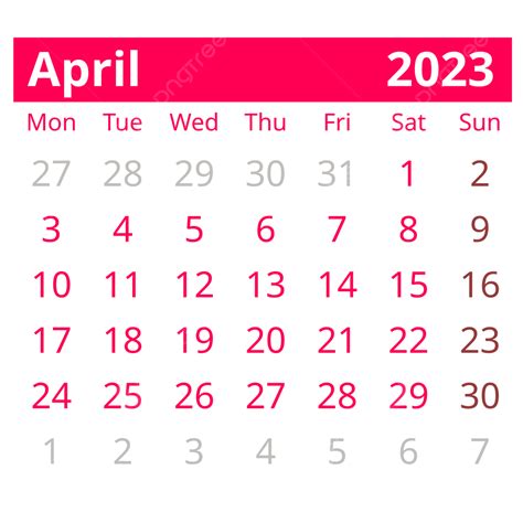 Simple Table Style Pink April 2023 Calendar April 2023 Calendar 2023