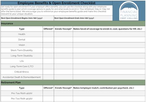 Employee Benefits And Open Enrollment Checklist Financial Planning Fort