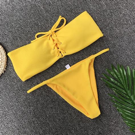 Solid Thong Swimsuits Push Up Bandeau Women Bikini Set 2018 Tie Sexy B Primebikinibk