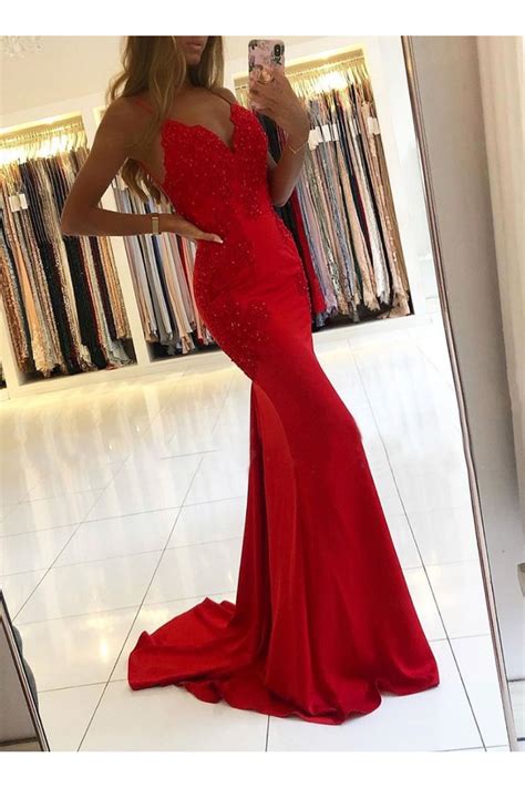 Long Red Mermaid Beaded Lace Prom Dresses Formal Evening Gowns 6011659