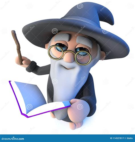 3d Funny Wizard Magician Character Waving His Wand At His Magic Book Of