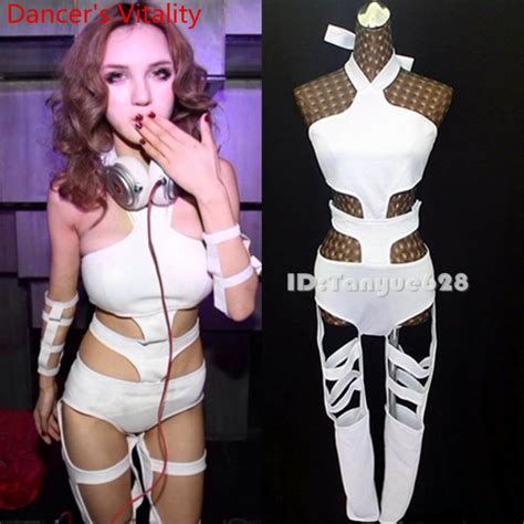 New Nightclub Bar Stage Wear Dj Female Singer Ds Sexy Bandage White Cut