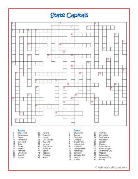 State Capitals Crossword Puzzle My Printable Puzzles