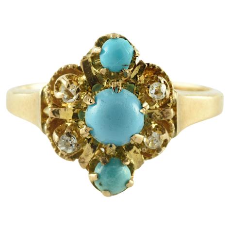 Antique Victorian Diamond Turquoise 14 Karat Gold Navette Ring At 1stdibs
