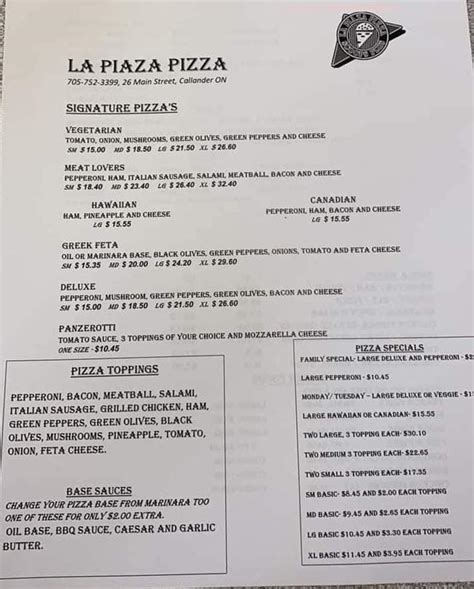 Online Menu Of La Piaza Pizza Restaurant Callander Ontario P0h 1h0
