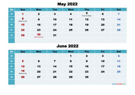 May And June 2022 Calendar With Holidays