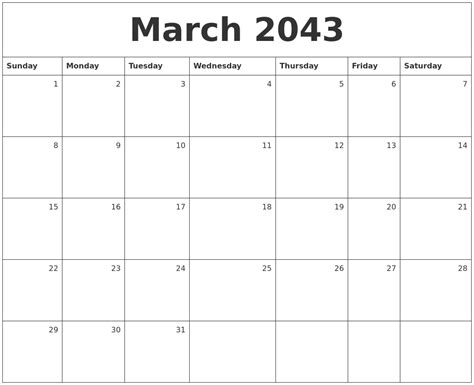 March 2043 Monthly Calendar