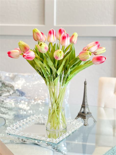 22 Pink Green Real Touch Tulips Modern Arrangement Centerpiece