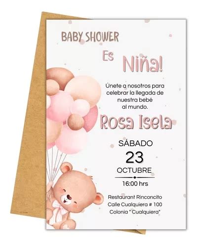 Invitación Baby Shower Niña Imprimible Digital Oso Y Globos Meses Sin