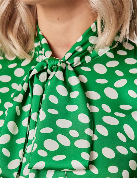 Womens Green And White Polka Dot Print Pussy Bow Blouse Hawes And Curtis