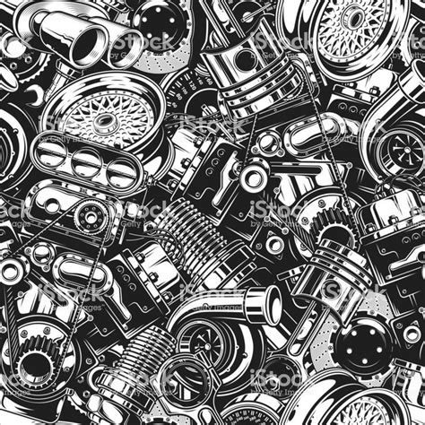 Automobile Car Parts Seamless Pattern With Monochrome Black And White