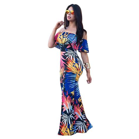 Women Boho Maxi Dress 2018 New Summer Style Off Shoulder Ruffled Print Long Dresses Feminine