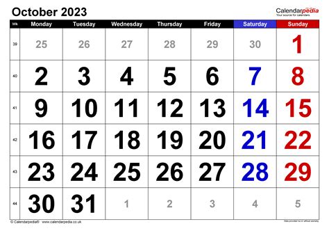 Calendar October 2023 Uk With Excel Word And Pdf Templates